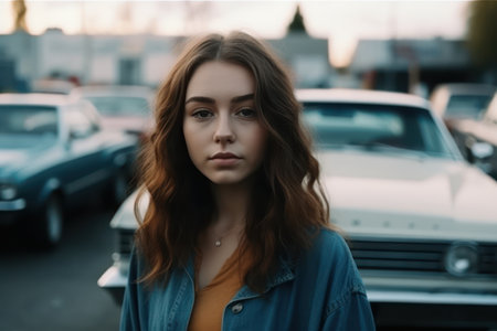 beautiful and realistic portrait young confident woman standing with hand on hip against cars, intentional film grainの素材