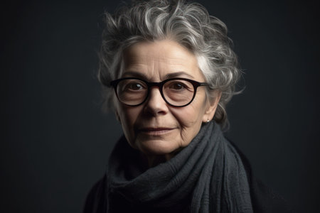 beautiful and realistic portrait picture of a senior woman wearing glasses on neutral gray backgroundの素材