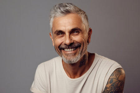 beautiful and realistic tattooed man in good mood posing on beige background, gray haired guy in white t shirt and blue jeans laughs into cameraの素材