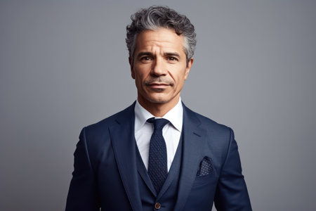 beautiful and realistic portrait shot of middle aged businessman wearing suit and tie while standing at isolated background copy spaceの素材