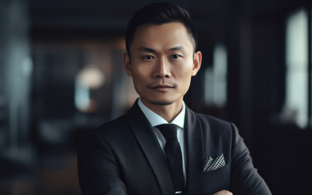 beautiful and realistic well dressed young asian businessman smiling confidently while standing alone in a modern officeの素材