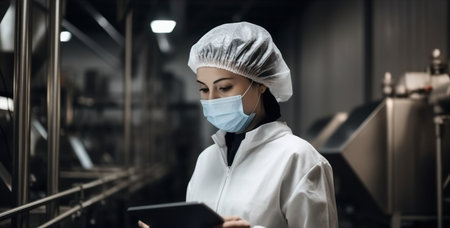 beautiful and realistic waist up portrait of young woman wearing mask and holding digital tablet during quality control inspection at food factory copy spaceの素材