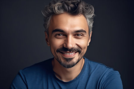 close up portrait of smiling handsome man in blue t shirt isolated on gray backgroundの素材