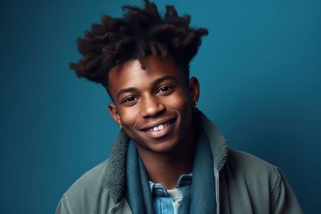 closeup portrait of smiling african american man wearing stylish clothes isolated on blue backgroundの素材