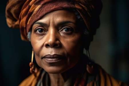 close up portrait serious african american mature woman wearing headscarf and large hoop earringsの素材