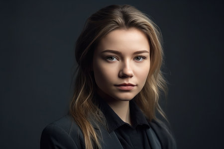 close up portrait of serious confident businesswoman looking straight isolated on grey backgroundの素材