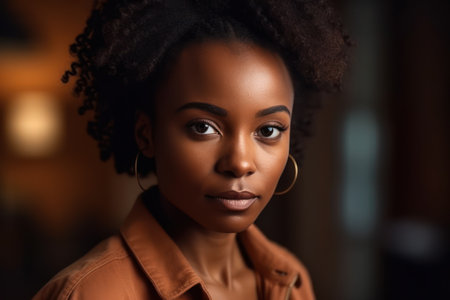 confident beautiful african woman professional with serious face standing at homeの素材