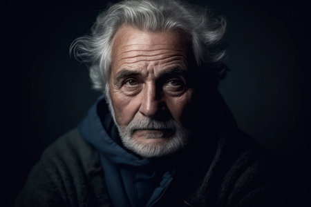 closeup low key studio portrait of beautiful gray hair old man looking at the camera horizontallyの素材