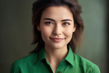 closeup portrait of attractive young businesswoman wearing green shirt smilingの素材