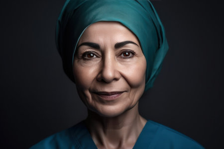 closeup portrait of friendly smiling confident muslim female nurseの素材