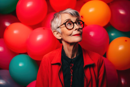 confident senior woman amidst multi colored balloons against red backgroundの素材