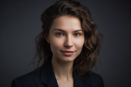 close up portrait of smiling confident businesswoman looking straight isolated on grey backgroundの素材