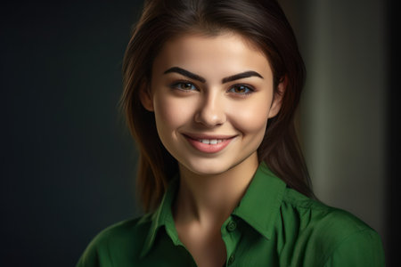 closeup portrait of attractive young businesswoman wearing green shirt smilingの素材