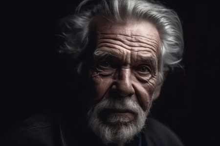 closeup low key studio portrait of beautiful gray hair old man looking at the camera horizontallyの素材
