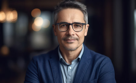 confident smiling business man professional coach wear glasses stand arms crossed looking at cameraの素材