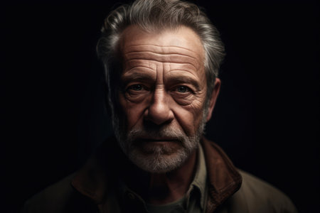 dramatic portrait of a good looking older white guy against dark backgroundの素材