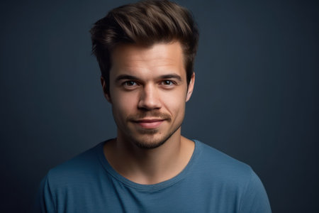 close up portrait of smiling handsome guy in blue t shirt isolated on gray backgroundの素材