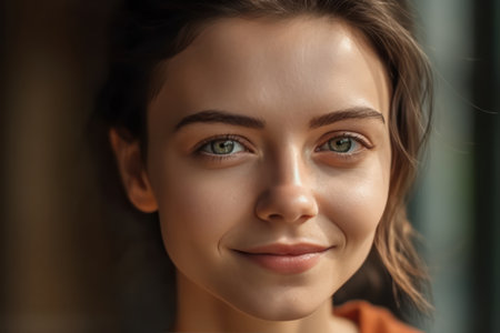 crop close up portrait of young caucasian green eyed woman look at cameraの素材