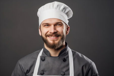 cooking culinary and people concept, happy smiling male chef in toque and jacket over grey backgroundの素材