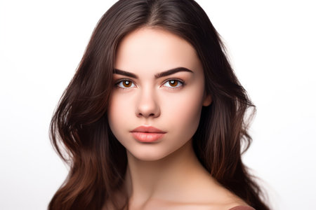 closeup studio portrait of beautiful brunette woman isolated on white backgroundの素材