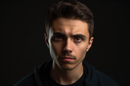 close up portrait of young brunette man head and shoulders wearing basic black shirtの素材