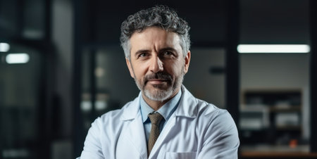 confident mature doctor posing with arms crossed he is smiling at cameraの素材