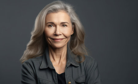confident mature woman with crossed arms in casual clothing with copy spaceの素材