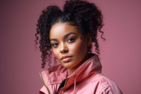 portrait black woman in pink stylish jacket pink makeup curly hair and braidsの素材