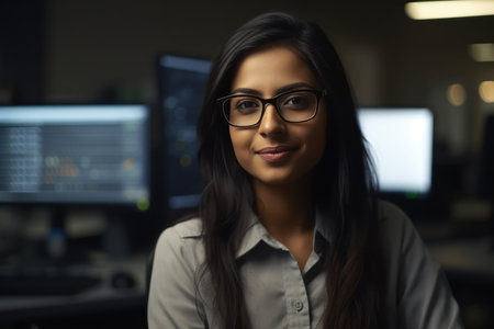 diverse office portrait of beautiful smiling indian it programmer working on desktop computerの素材