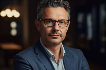 confident smiling business man, professional coach wear glasses stand arms crossed looking at cameraの素材