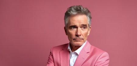 confident mature man in formalwear keeping arms crossed while standing against pink backgroundの素材