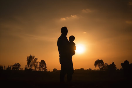 father and son in the park father s day silhouette happy family child dream concept father carries hの素材
