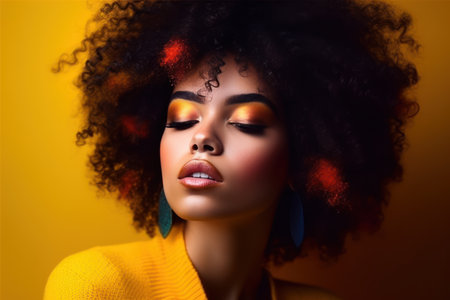 enjoyed african american fashion model portrait, satisfied brunette young woman with afro hair styleの素材