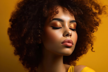 enjoyed african american fashion model portrait, satisfied brunette young woman with afro hair styleの素材