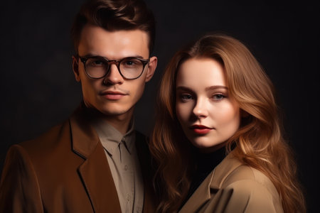 fashion studio shot handsome young man and beautiful young woman posing together in stylish glassesの素材
