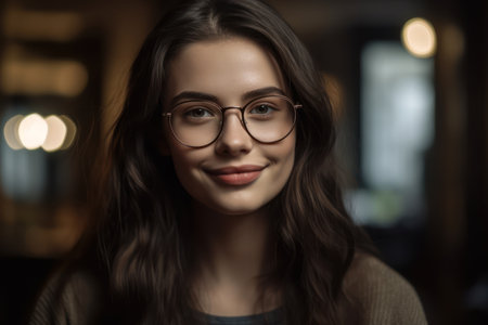 front view portrait of young adult caucasian happy joyful woman with black long hair and eyeglassesの素材