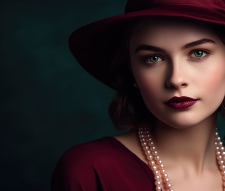 fashionable beautiful woman wearing dark red hat and trendy pearl necklace, close up studio portraitの素材