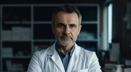 confident mature doctor posing with arms crossedの素材