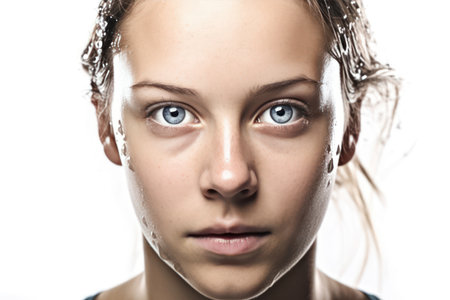 portrait of a young female swimmer isolated on whiteの素材