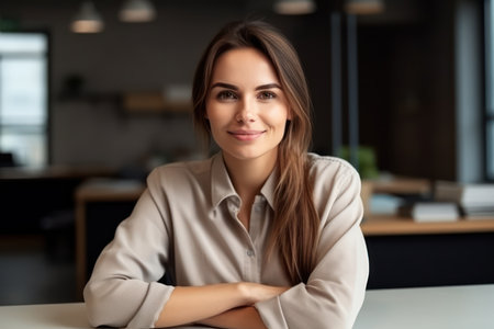 front view portrait of beautiful adult woman smiling at camera while working in office copy spaceの素材