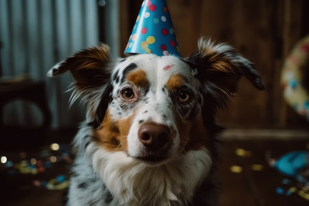 cute dog celebrating at a birthday party with confetti and party hatの素材