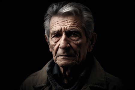 front view of low key portrait of a senior man serious and looking at camera on black backgroundの素材