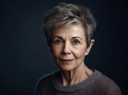 elderly beautiful woman with a short pixie haircut in a blue sweater on a gray backgroundの素材
