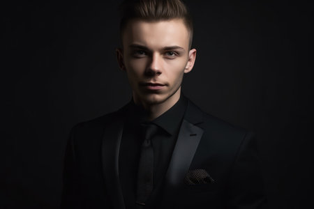 elegant young handsome man in black suit, studio fashion portraitの素材