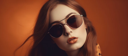 fashion portrait of a model girl with sunglasses, retro trendy colors poster or flyerの素材