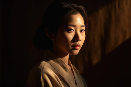 elegant beauty portrait of a young asian woman in light and shadowの素材