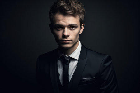 elegant young handsome man in black suit, studio fashion portraitの素材