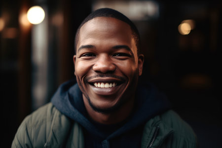 portrait of happy african american man looking at camera and smilingの素材