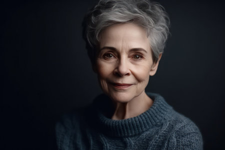 elderly beautiful woman with a short pixie haircut in a blue sweater on a gray backgroundの素材