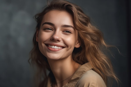 portrait of happy and beautiful smiling woman standing isolated on grey concrete backgroundの素材